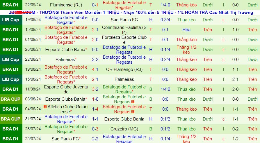 Thống kê phong độ  10 trận đấu gần nhất của Botafogo