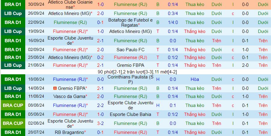 Thống kê phong độ 10 trận đấu gần nhất của Fluminense