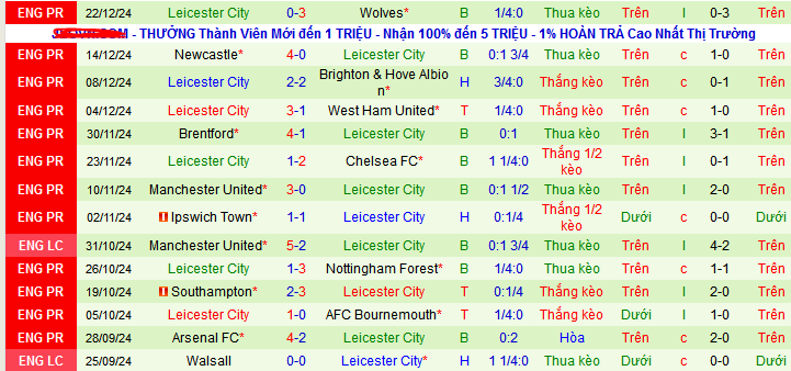 Thống kê phong độ 10 trận đấu gần nhất của Leicester