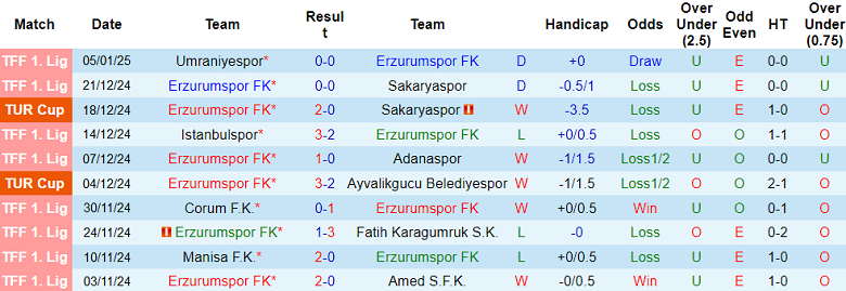 Thống kê 10 trận gần nhất của Erzurumspor